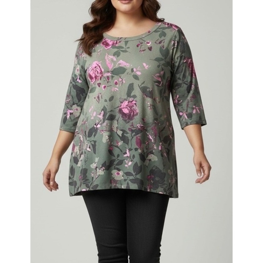 Denim & Company 1X Green Pink Floral Sharkbite Hem Tunic Top 3/4 Sleeve